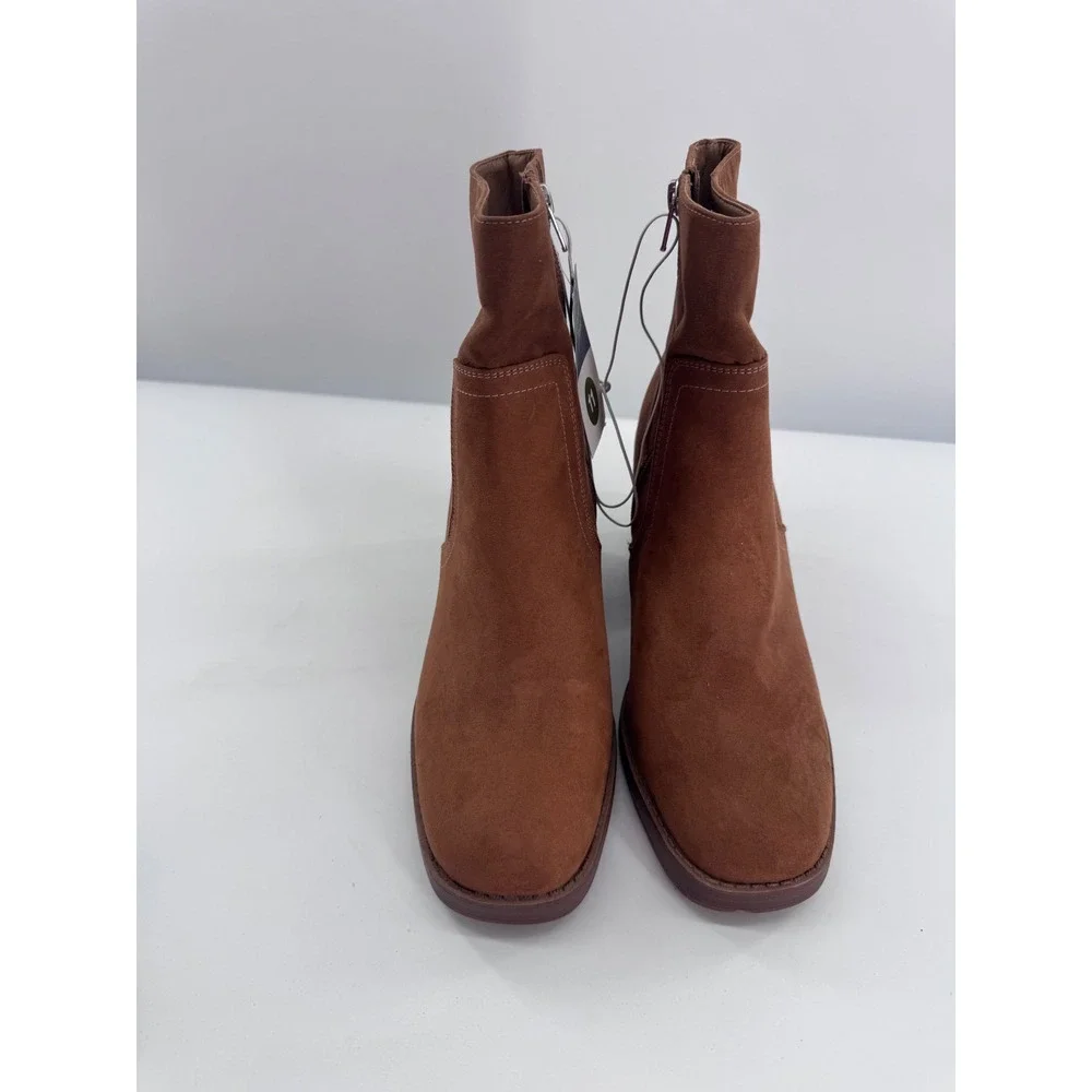 Universal Thread Lilyan Ankle Boots Cognac Brown Faux Suede Heel Sz‎ 11 New